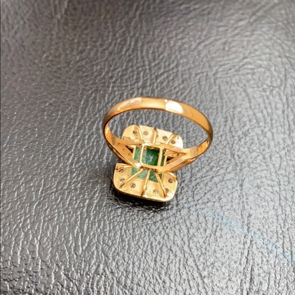 14k Solid Real Gold Rectangle Green Jade Ring - image 4